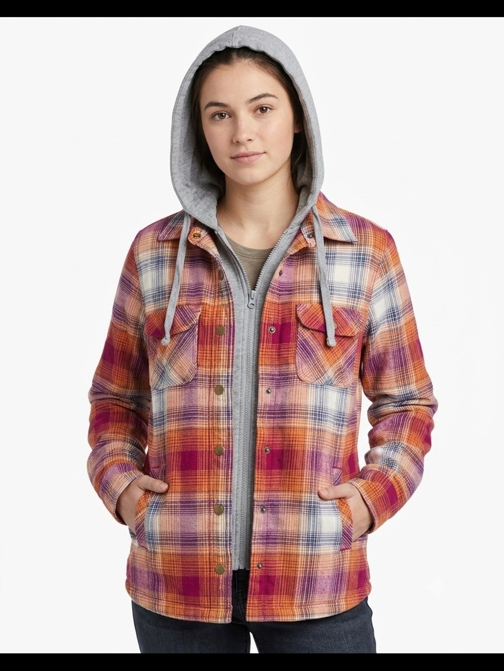 Natural Reflections Plaid Hooded Shirt Jacket - Red, Purple, Gray - Picture 1 of 15